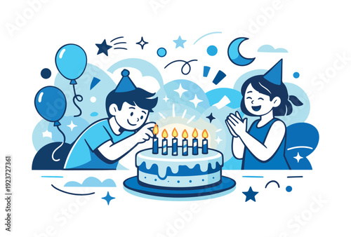 Birthday magic moment. Last candle placed perfectly, cake glowing softly with celebratory