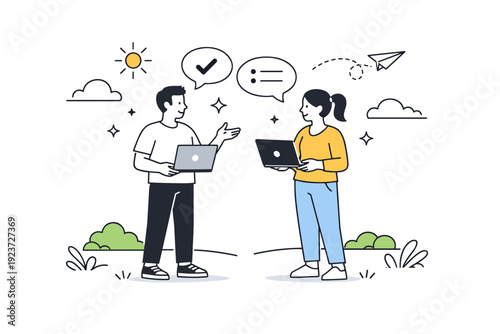 Outdoor Work Collaboration. Remote work outdoors. Two colleagues discussing tasks while standing with laptops in an open green space. Light collaboration and