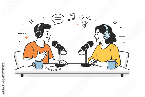 Podcasters recording episodes. Two hosts sitting at a table with microphones and headphones, calmly talking to each other. Focused