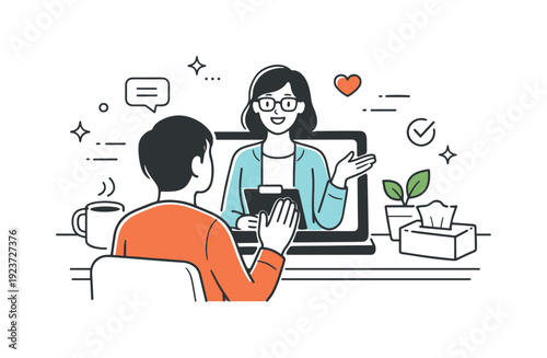 Online Therapy Session. Online therapy session. A person talks to a therapist through a laptop or tablet screen, sitting in a calm home setting. The scene