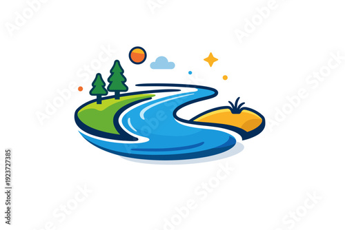 Riverbanks represented by a stylized river bend embracing the shore, creating a visual story of flow, protection and natural