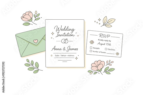 Elegant wedding stationery flat lay. Invitation card, RSVP card, and envelope arranged with delicate flowers and leaves. Soft luxury feeling,