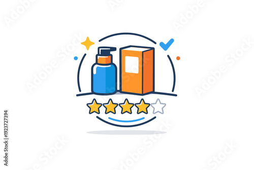 Product presentation illustrated through a compact badge with a product icon, star rating, and simple graphic elements suggesting quality and