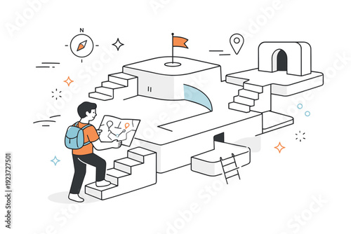 People navigating complex structures. A person reviewing a simplified map while moving through an abstract multi-level system of platforms