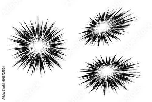 Monochrome halftone radial burst shown as a single object presented in three views: front view, angled view, and three-quarter view. Black