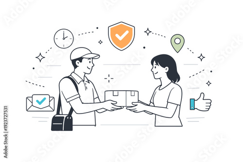 Delivery service workflow. A courier calmly handing a small package to a customer, showing smooth and reliable delivery interaction. Floating icons and