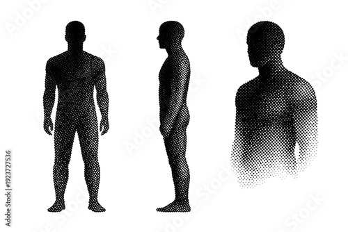 Halftone dotted anonymous silhouette An anonymous human silhouette shown in front view, side view, and three-quarter view without