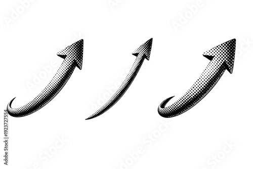 Halftone Arrow Views. Halftone dotted curved arrow shown as a single object presented in three views: front view, side view, and three-quarter view. Black and