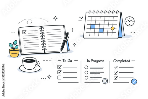 Personal organization project. A tidy desk scene with a notebook, calendar, and neatly grouped tasks, sense of control and calm productivity.