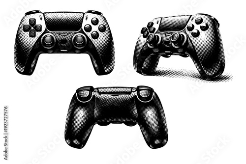 Game controller shown as a modern console controller with symmetrical grips displayed in front view, angled three-quarter view, and rear view