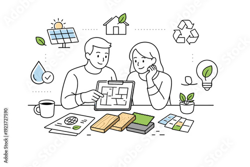 Sustainable renovation planning. Homeowners reviewing renovation plans with eco icons and material samples, focusing on responsible decisions. Calm