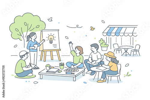 Outdoor spring workshop moment. People participating in a casual class under trees or near a cafe terrace, materials neatly arranged. Ease,