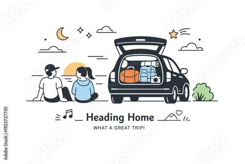 Spring weekend road trip fun. An evening return scene with a car parked at sunset, bags inside and calm sky tones around. Tired but happy