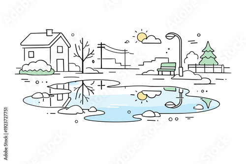 Puddles after melting snow in a quiet street. Shallow water mirrors minimal surroundings, no people present. Pause between winter and warmer