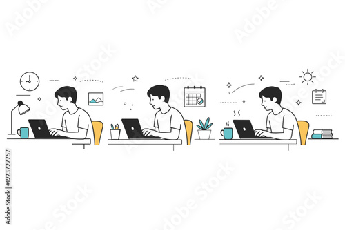 Repetition of days aesthetics. Series of similar desk scenes fading into each other, showing the same person working day after day. Subtle