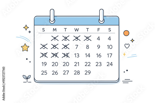 Dates crossed out. Calendar page with several past dates neatly crossed out, clean lines and minimal color. Visual rhythm of passing time and daily tracking.