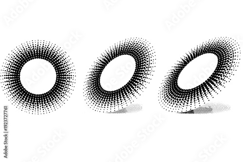 Dot Burst Perspectives. Circular dot burst seal. A circular dot burst seal is shown in three views: flat frontal view, slight side tilt view, and three-quarter