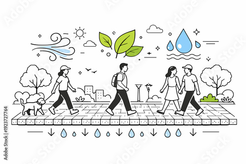Eco-Urban Walkway. Urban walkway with permeable pavement. People walking on a clean, patterned porous surface in a green city setting, floating abstract