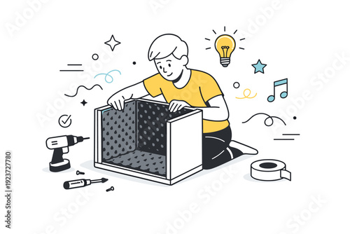 Building a DIY soundproof box. A person assembles a foam-lined box to reduce appliance noise, abstract floating stars and lines emphasizing
