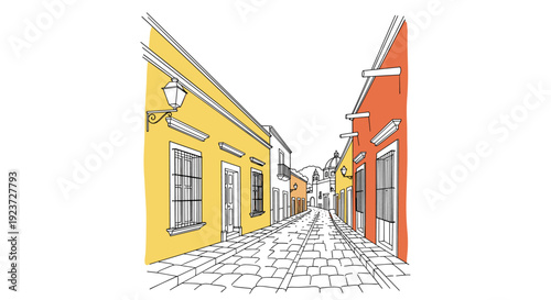 Charming colorful street with yellow and red houses in linear style