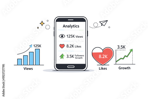 Influencer analytics overview. A clean scene with a smartphone and simple charts showing views, likes, and growth metrics. The composition