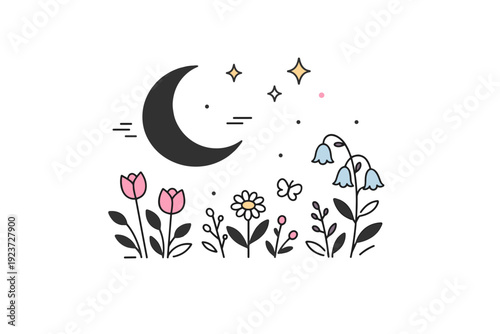 Crescent moon spring designs. Minimal night sky scene with crescent moon and soft floral silhouettes, peaceful editorial mood suggesting