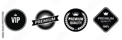 Premium quality stamp and label vector illustrating 100 percent VIP emblem with crown, stars, and high-quality badge