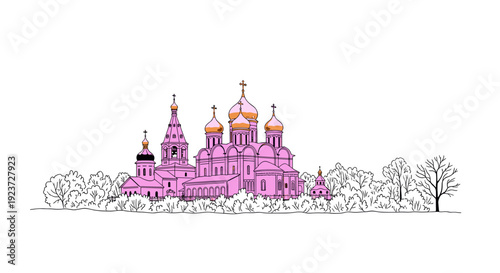 Colorful linear cathedral with golden domes amidst trees