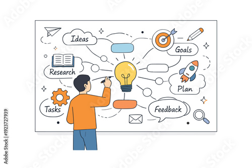 Idea generation with mind map. A person drawing a mind map on a large paper or screen, abstract icons and floating lines representing connections and