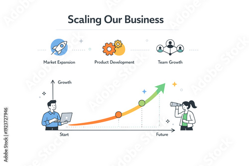 Minimalist Startup Slide Design. Startup pitch deck visuals. A clean slide layout with headline text, icons, and a simple growth graph. Structured