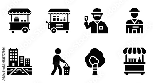 Urban vendor icons set: market stalls, street food, and vendors in silhouette style