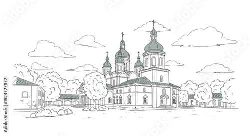 Historic orthodox church with cloudy sky in linear outline style