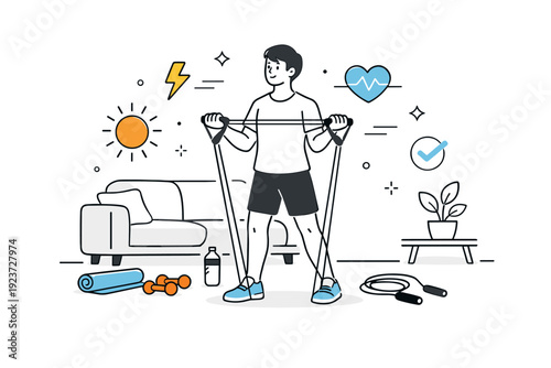Living room fitness space. A person using resistance bands next to a sofa with minimal gear around, floating energy and motion icons,