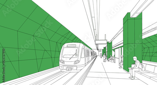 Minimalistic subway scene with trains and passengers in urban environment