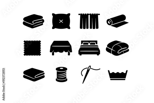 Home Textiles. Solid icon set of Home Textiles: blanket, cushion, curtain panel, fabric roll, textile swatch, tablecloth, bedspread, duvet