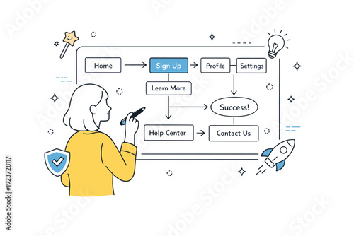 designing clear UX paths. A UX specialist mapping out user flows on a digital board, with arrows leading to clearly labeled, accessible options, floating stars