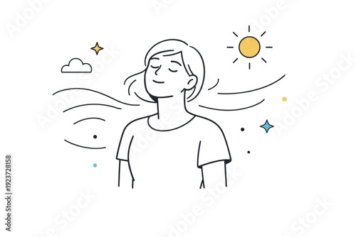 First warm air sensations as a quiet moment. A person pauses with eyes closed, feeling warmth on their skin, surrounded by light abstract lines suggesting air