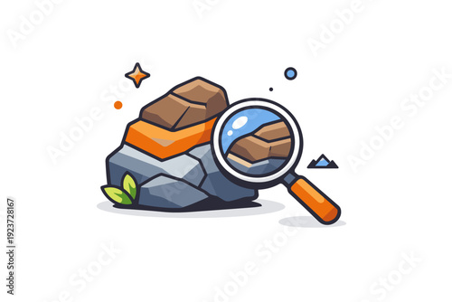 Earth science and geology represented through a rock sample paired with a magnifying glass, communicating observation, research,