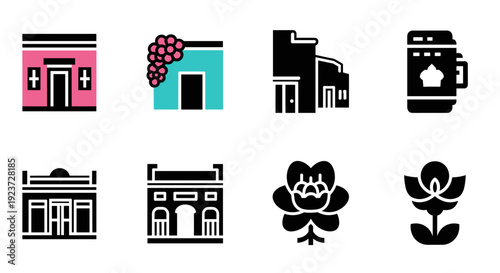 Colorful and minimalist buildings and florals icon set