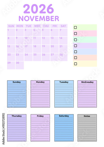 November 2026 pastel lavender and soft blue calendar template featuring structured monthly grid, organized weekly planner pages, practical checklist section, and lined notes area. 