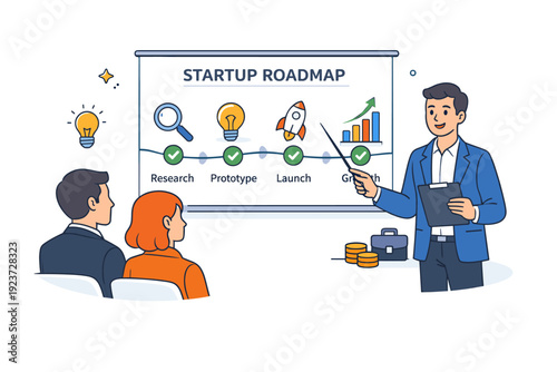 Startup funding presentation capturing trust and persuasion single entrepreneur presenting a clear roadmap with milestones and checkmarks to