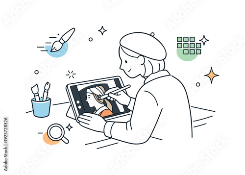 Artist using a stylus on a tablet to draw a portrait, surrounded by creative tools