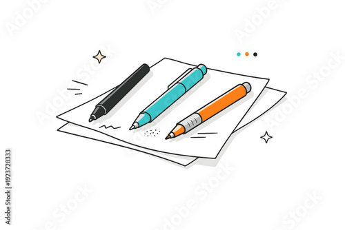 Stationery in pause. A small grouping of pens without caps resting on soft paper textures, light forming subtle ink shadows. Static tools