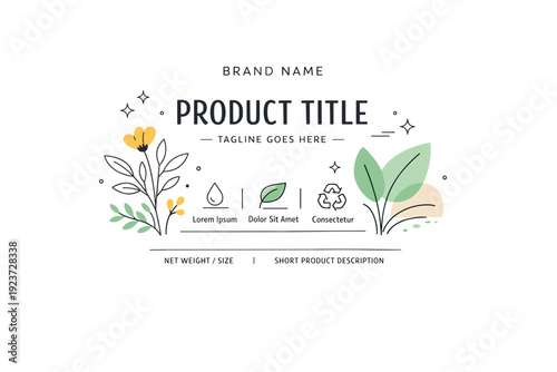Botanical packaging label. Abstract plant elements combined with clean typography placeholders. Calm eco-friendly atmosphere emphasizing nature and simplicity.