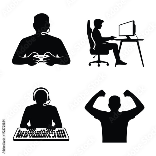 A set of four black silhouettes depicting various office and work-related activities