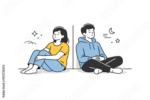 People sitting on floors. Two people sit on the floor with relaxed posture, backs against a wall, sharing quiet time without interaction.