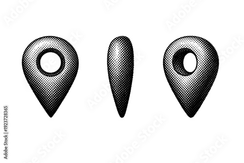 Halftone map location pin A map location pin marker shown in front view, side view, and three-quarter view with consistent scale and form.