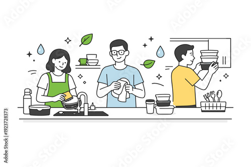 Sustainable lunch cleanup. Employees washing reusable containers and tidying up the kitchen area, subtle water drop and leaf icons floating,