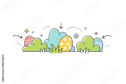 Easter egg hunt concept. Simple Easter eggs hidden behind abstract bushes and grass shapes, small hint arrows and playful lines. Light fun and discovery