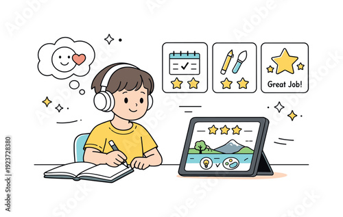 Gamified learning with ethical rewards. A child or learner engaging with a calm game interface that rewards reflection and effort?like